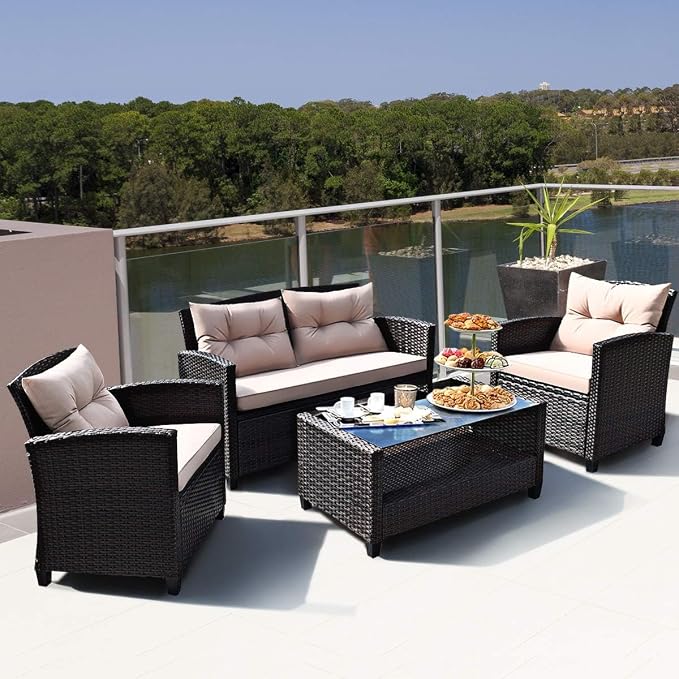 DORTALA 4 Piece Wicker Patio Furniture Set, PE Rattan Outdoor Conversation Sets with Loveseat, Chairs & Coffee Table for Backyard, Porch, Garden and Poolside, Brown