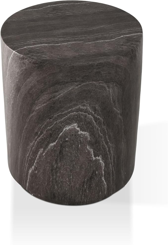 24/7 Shop at Home Ranera Modern 14-inch Natural Stone Side Table with Round Drum Base, Marble Nightstand, Patio End Table, for Living Room, Covered Outdoor Spaces, Balcony, Warm Gray Travertine