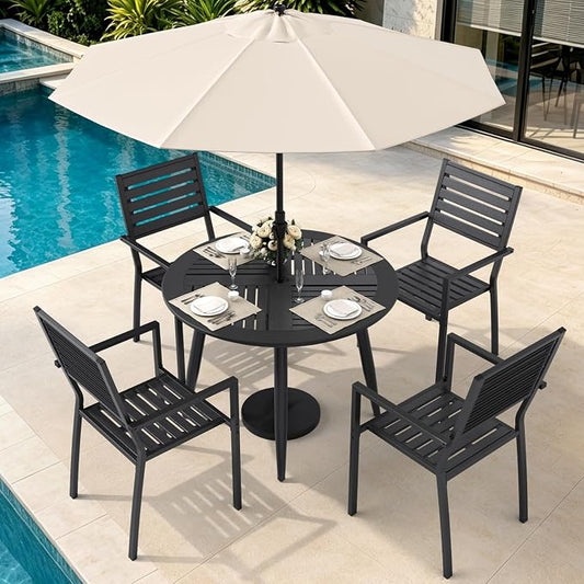Pamapic 5-Piece HDPE Round Outdoor Dining Set, All-Weather Patio Furniture Set with Powder-Coated Iron Frame, Outdoor Table & 4 Stackable Chairs for Garden, Backyard, Poolside, Deck