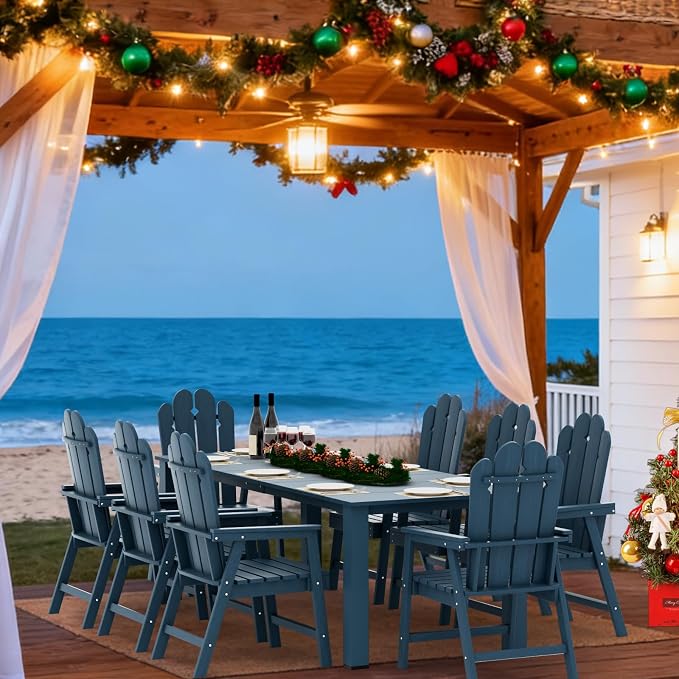 9 Piece HDPE Outdoor Dining Set for 8, Patio Table Chairs,Navy | 89.4” table,8 person outdoor table and chairs set, fade resistant HDPE, strong structure built for backyard entertaining