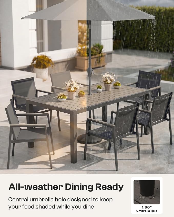 Outdoor Dining Set, 7 Piece Aluminum Patio Table and Chairs Set, All Weather Patio Dining Furniture Set with Umbrella Hole for Backyard, Deck, Poolside (Charcoal)
