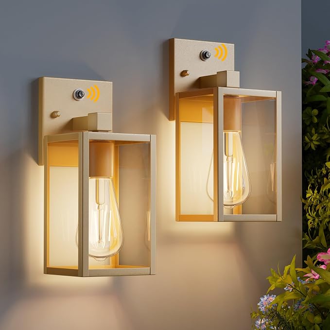 2 Pack Gold Dusk to Dawn Outdoor Front Porch Light Fixtures Wall Mount, Sensor Exterior Lantern Lamp, Outside Lights for House, Waterproof Wall Sconce, Anti Rust Coach Light for Garage Entryway