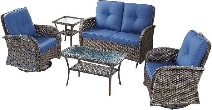 5-Piece Modern Wicker Patio Furniture Set - Outdoor Rocking Chairs, Glider Bench, Coffee Table - Brown/Blue