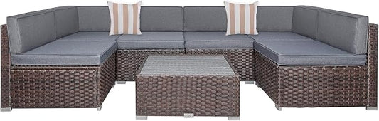 7-Piece Outdoor Patio Furniture Set with PE Rattan Wicker Sectional Sofa, Cushioned Conversation Set and Coffee Table for Garden, Backyard, Porch Seating