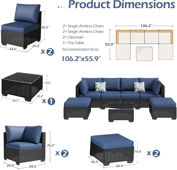 7 Piece Outdoor Patio Furniture Set with Cushions, PE Rattan Wicker Sectional Furniture Chair Set with Tea Table, Modular Patio Sofa for Garden, Backyard, Balcony Outdoor Lounge Area(Blue)