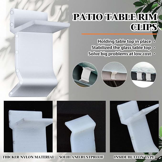 Wenfan 30 Pcs Table Rim Clips 1.26"x0.79" Nylon Patio Table Clips for Glass and Acrylic Table Tops White Patio Furniture Clips - Help Support Tabletops in Rim
