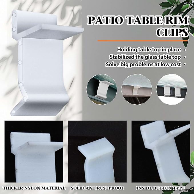 Wenfan 16 Pcs Table Rim Clips 1.24"x0.787" - 1 1/4" x 13/16"- Nylon Patio Table Clips for Glass and Acrylic Table Tops White Patio Furniture Clips - Help Support Tabletops in Rim