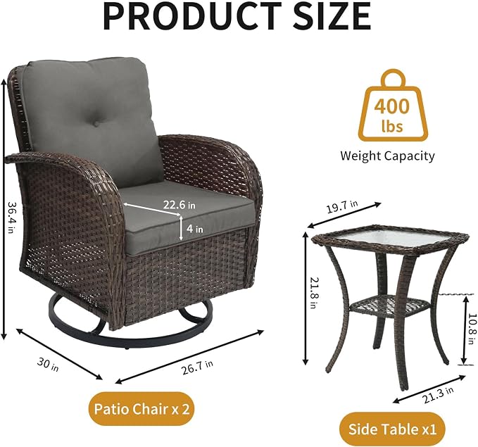 YLGJ&TIDY Outdoor Furniture Swivel Rocker Chairs 3PC Bistro Set 2 Brown Wicker Patio Glider Armchairs with Side Table Cushions Rocking Sofa for Porch Balcony Backyard Deck (Gray, 3PCS Swivel/Table)