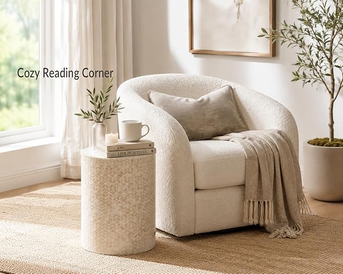 PEMAR Capiz Shell Cylinder Drum End Table Nacre Side Table Stool Round Drum Accent Coffee Bedside Nightstand and Vanity Stool, 13" Diameter x 19.3" High, White Cream