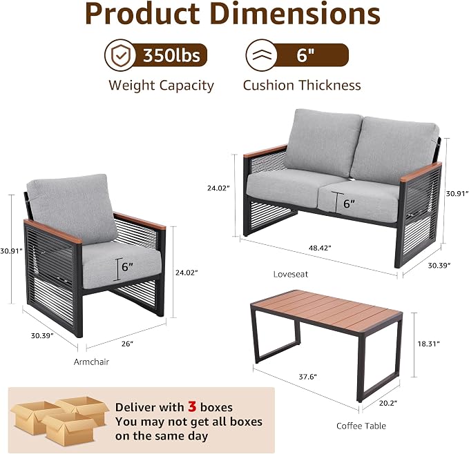 NATURAL EXPRESSIONS Aluminum Patio Furniture Set, Outdoor Conversation Sets with Fauxwood Arm & Tabletop, Rattan Side-armrest, 6" Olefin Cushions, Patio Sectional Furniture for Porch, Yard, Balcony