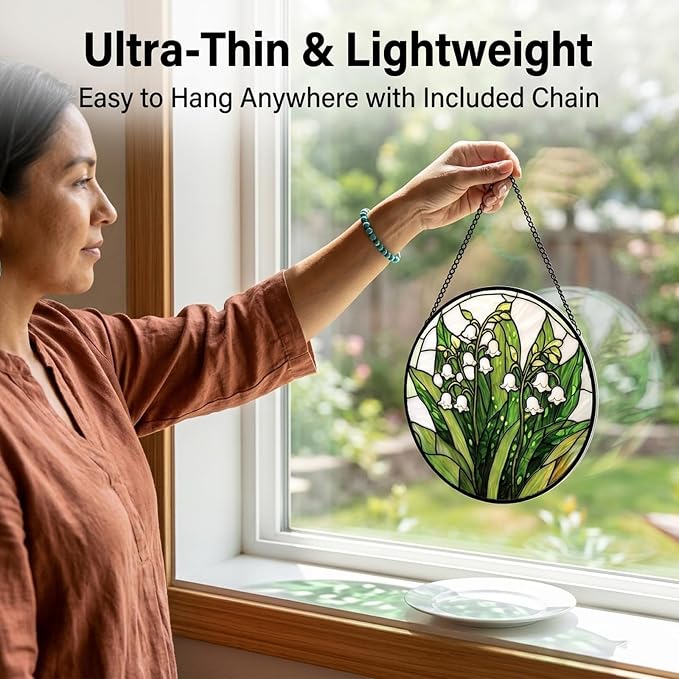 Birthday Gifts for Women - Lily of the Valley Faux Stained Glass Window Hanging Sun Catcher for Door Garden Acrylic Decor Mother's Day Christmas May for Mom Nana Grandma Sisters 9.8"