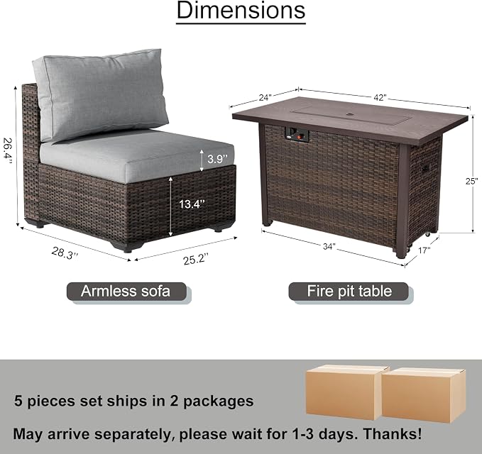 Patio Furniture Set with Fire Pit Table, Outdoor Sectional Rattan Sofa Set, Patio Set Seating Furniture with Thickened Cushions (Gray, 9 Pieces)