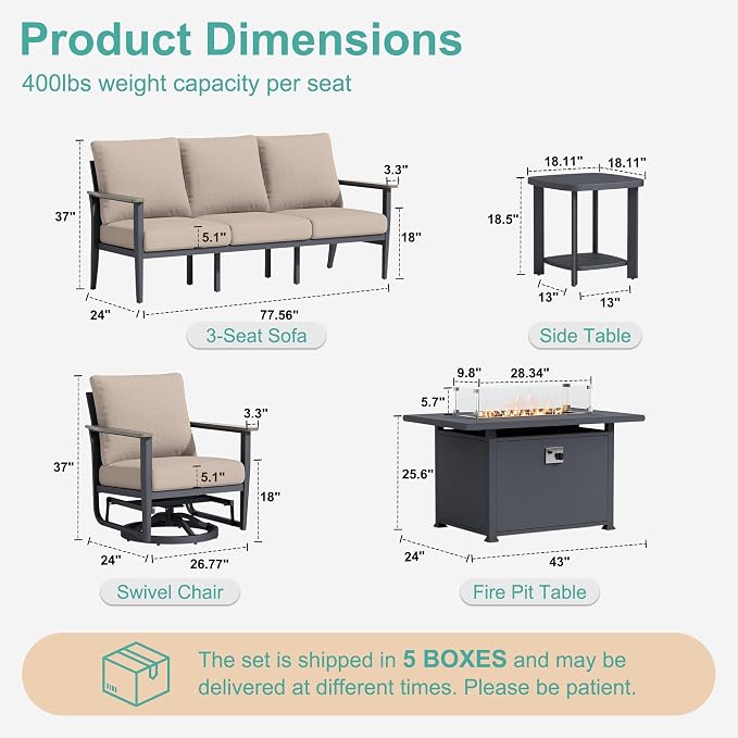 Aluminum Outdoor Patio Furniture Set with Swivel Rocking Chairs 7-Seat, Patio Sectional Sofa Patio Conversation Set with 55,000 BTU Fire Pit Table & High Backrest, Sand