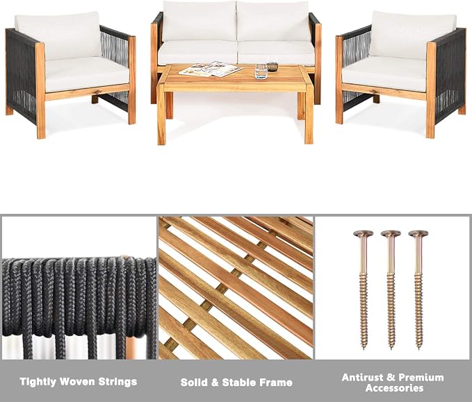 Tangkula Outdoor Wood Furniture Set with 2 Set Cushion Covers, 8 Pieces Cushioned Patio Conversation Set, for Garden Balcony Poolside Outdoor Living (2, WH-RE)