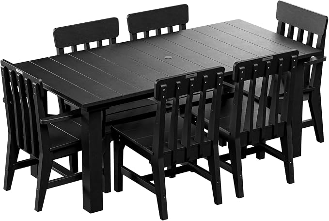 Breeo X Series 7pc Dining Table - 35"x72" Dining Table 6, 2 Arm Chairs, & 2 Side Chairs - Outdoor Patio Furniture Set - Weather-Proof Patio Sets for Outdoor, Backyard, Outside - Black