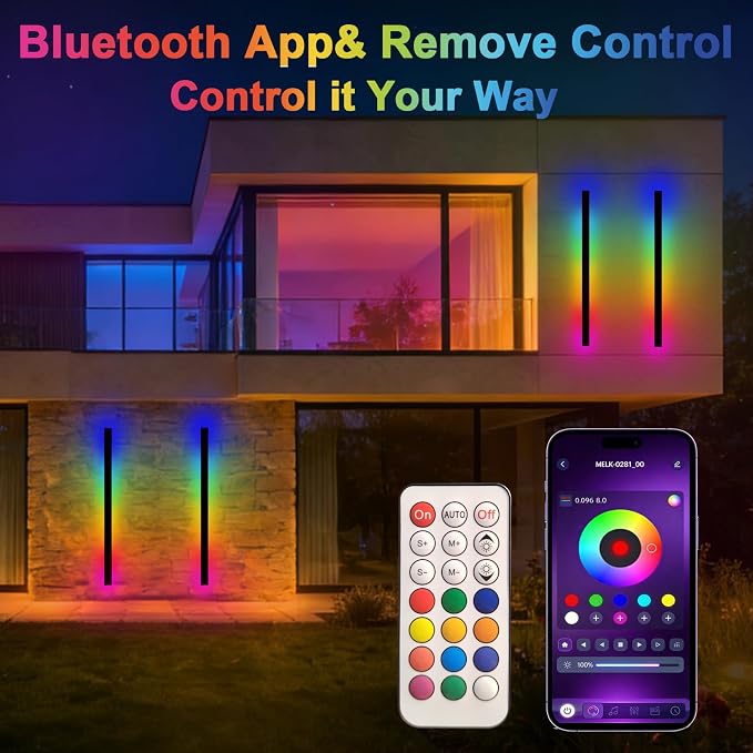 RGB Outdoor Wall Lights, Ip65 Waterproof Linear Led Modern Wall Sconce, 7 Colors and 358 Light Effects, Dimmable with Remote Modern Linear Exterior Light Fixture 47.25 inch (1 Pack)