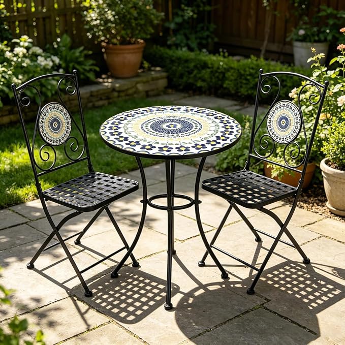 3 Piece Bistro Sets Mosaic Tile Round Table Folding Chairs Garden | Set of 3 Patio Furniture 23.6" Table and 2 Chairs Outdoor Bistro Chairs Artistic Table for Balcony Porch Apartment Backyard