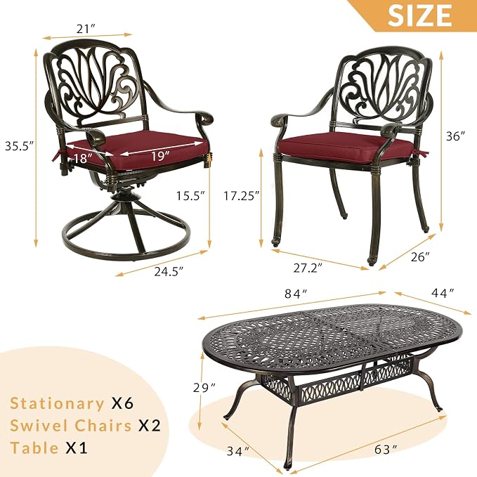 9-Piece Patio Dining Set, Outdoor Patio Table and Chair Set of 84” Oval Cast Aluminum Dining Table with Umbrella Hole, 6 Stationary, 2 Swivel Rocker Chairs, Patio Funiture Set, Red