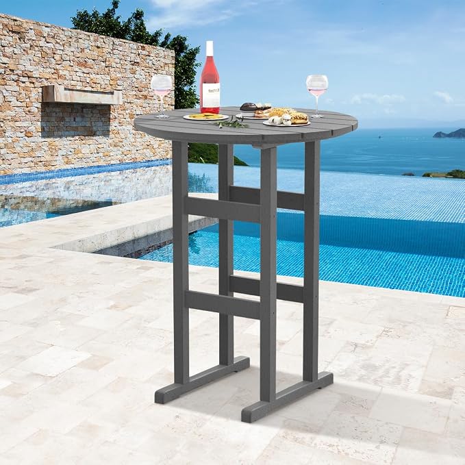 Sundale Outdoor Adirondack Round Bar Table, 39 Inch Height Patio Large Pub Table for 4, All Weather HDPE High Top Bistro Counter Tabl for Outside Deck Porch Balcony Poolside, Gray