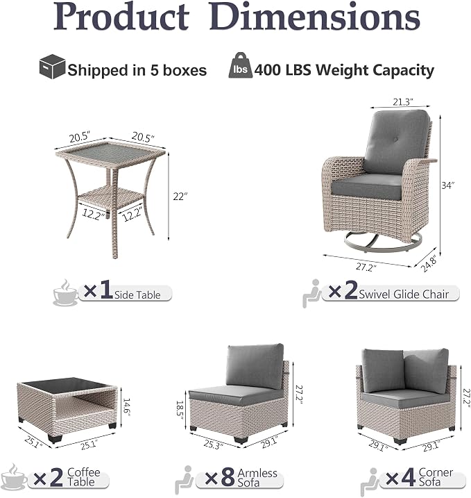 Patio Furniture Set, 17-Piece Outdoor Sectional Sofa with Swivel Rocker Chairs & 2-Layer Glass Coffee Table, Wicker Patio Conversation Set with Gray Cushions