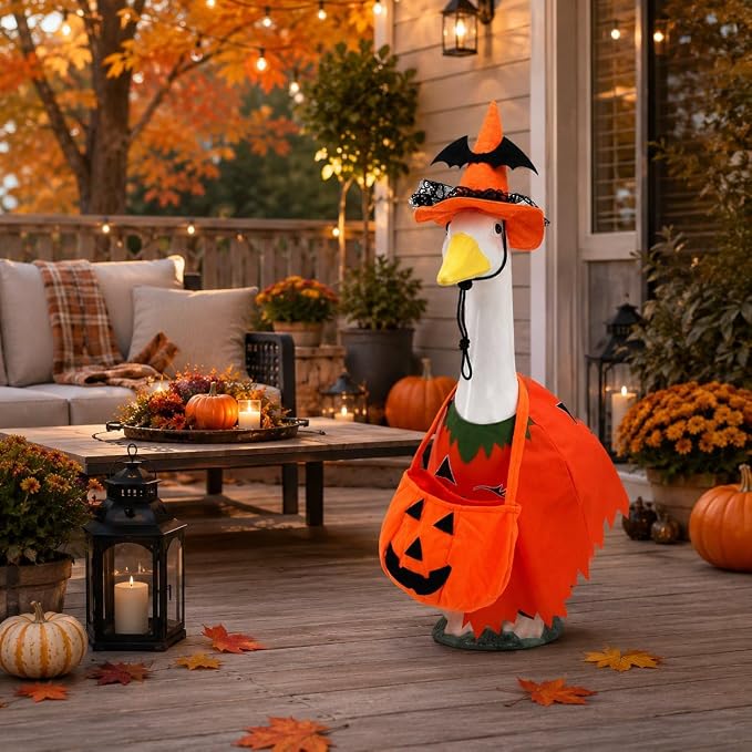 STONESTAR Halloween Porch Goose Outfits for 23'' Lawn Geese Statue Goose Costume with Witch Hat Pumpkin Outfits Candy Treat Bag, Outdoor Garden Goose Decor for Patio Yard Lawn Art Halloween Ornament