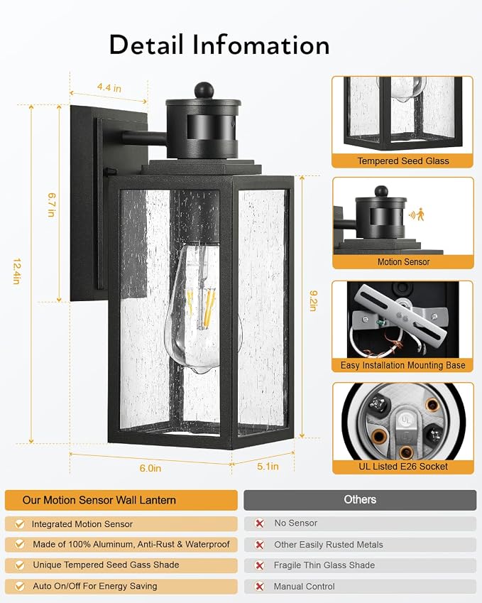VIANIS 2 Pack Motion Sensor Porch Lights Outdoor, Modern Black Exterior Lighting Fixtures Wall Mount for House, Anti-Rust Waterproof Outdoor Sconce Lights for Garage, Front Door with Seeded Glass