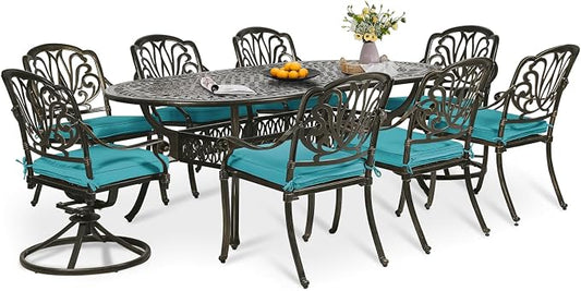 9-Piece Patio Dining Set, Outdoor Patio Table and Chair Set of 84” Oval Cast Aluminum Dining Table with Umbrella Hole, 6 Stationary, 2 Swivel Rocker Chairs, Patio Funiture Set, Blue