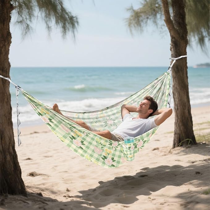 Camping Hammock Outdoor Hammocks for Outside Pink Green Yellow Plaid Flowers Beach Trees Portable Lightweight with Pockets Tree Straps Indoor