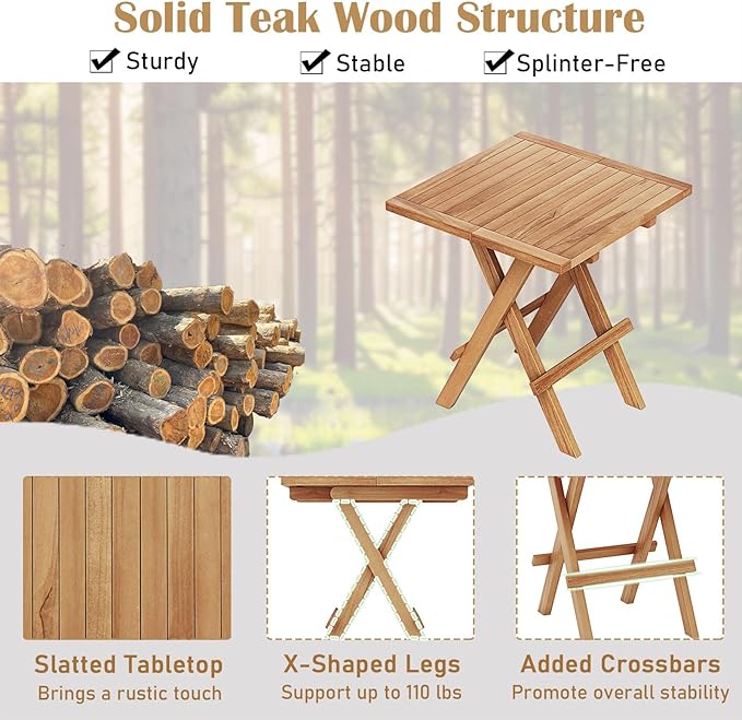 RELAX4LIFE Folding Outdoor Side Table - Teak Wood End Tables, 20'' Square Coffee Bistro Table w/Slatted Tabletop, Portable Picnic Camp Tables for Poolside Porch Garden, Foldable Small Patio Table