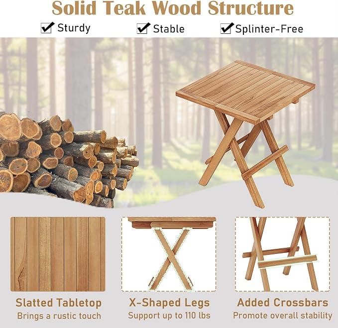 RELAX4LIFE Folding Outdoor Side Table - Set of 2 Teak Wood End Table, Square Coffee Bistro Table w/Slatted Tabletop, Portable Picnic Camp Table for Poolside Porch Garden, Foldable Small Patio Table