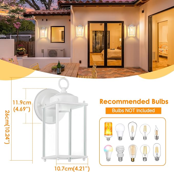 MATAMEYE Large Outdoor Wall Lantern, Exterior Waterproof Wall Sconce Light Fixtures, White Front Door Lighting with Clear Beveled Glass, Anti-Rust E26 Socket Porch Lamp, 2 Pack