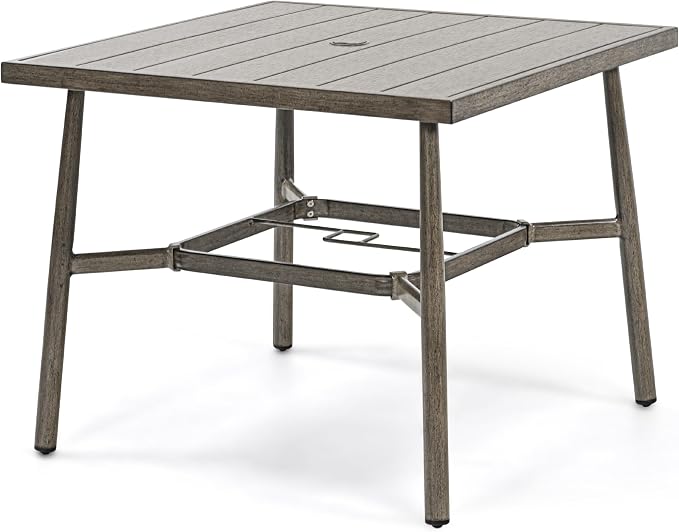 HAPPATIO Patio Table for 4, Modern Square Outdoor Dining Table with Umbrella Hole and Adjustable Feet, All Weather Aluminum Patio Table for Garden, Backyard and Poolside, Grey