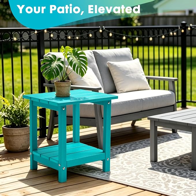 Outdoor 2-Tier Square Side Table, Adirondack Weather Resistant Patio End Table, Low Maintenance HDPE Accent Table for Backyard, Pool, Porch, Deck, Turquoise