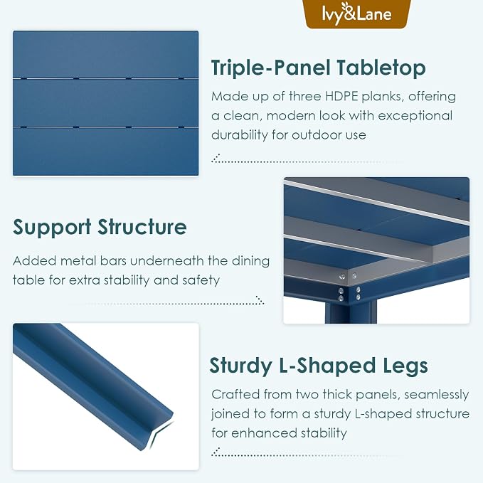 IVY&LANE Outdoor Dining Table | HDPE | 67’’ Rectangle Tables | Blue | All Weather | Umbrella Hole | Patio Furniture | for Poolside Lawn Garden Backyard