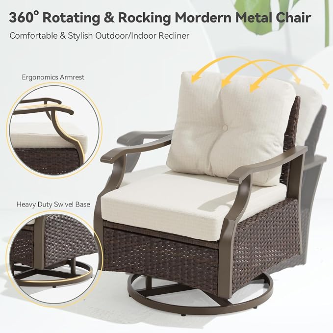 7 Pieces Metal Patio Furniture Set, Outdoor Conversation Set Sectional Sofa Couch with Swivel Chairs for Garden Deck Backyard, Beige