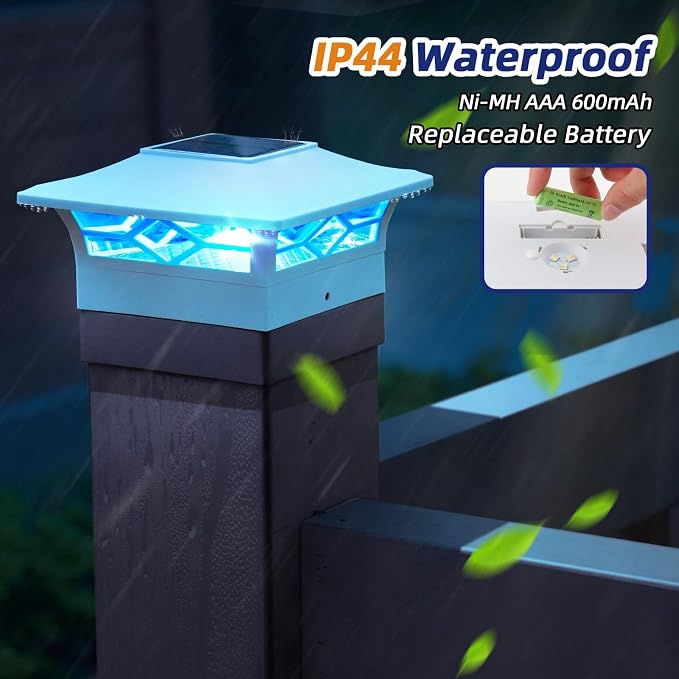 APONUO Solar Post Cap Lights with 8 RGB Colors and Multicolor Flow, Ultra-Bright Clear Lens, IP65 Waterproof for 4x4 5x5 6x6 Wood & Vinyl Fence Posts, 8 Pack White