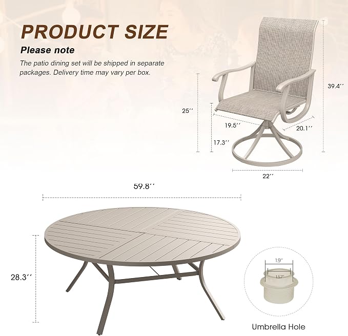 VICLLAX Patio 9 Pieces Outdoor Dining Set, 60" Round Metal Table with Umbrella Hole and 8 Swivel Textilene Chairs for Lawn, Garden, Porch, Sandshell