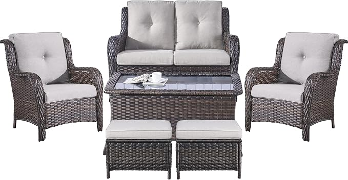 Belord 6 Pieces Patio Furniture Set Outdoor Wicker Furniture, 2 Patio Wicker Chairs with 1 Loveseat Sofa, Coffee Table and Ottomans, Patio Conversation Set for Porch Garden Deck Balcony Poolside