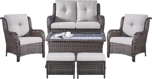 Belord 6 Pieces Patio Furniture Set Outdoor Wicker Furniture, 2 Patio Wicker Chairs with 1 Loveseat Sofa, Coffee Table and Ottomans, Patio Conversation Set for Porch Garden Deck Balcony Poolside