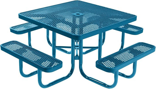 COATEDOUTDOORFURNITURE Heavy-Duty Portable Outdoor Picnic Table with Umbrella Hole, Expanded Metal Commercial-Grade Patio Made in America (46" Square Top, Light Blue with Light Blue Frames)
