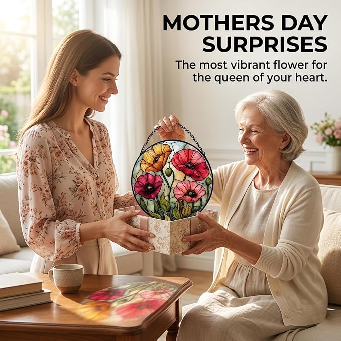 Floral Theme Gifts for Mom - Poppy Flower Faux Stained Glass Window Hanging Sun Catcher for Door Garden Acrylic Decor Mother's Day Birthday for Women Nana Friend Men Grandma 7.8"