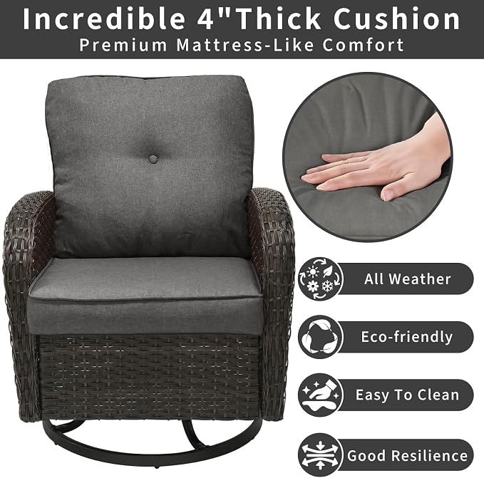Outdoor Swivel Rocker Patio Chairs 3 Pieces，Swivel Patio Chairs with Cushions，Outdoor Swivel Rocking Chairs Set of 2 with Rattan Side Table，Patio Furniture Set for Outside Porch Deck