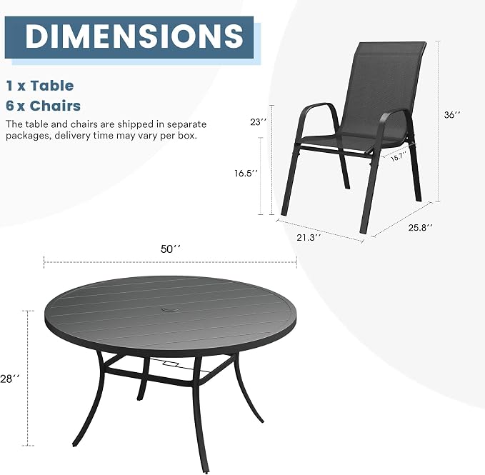 DIFY 7 Piece Outdoor Dining Set, 50" Black Round Metal Patio Table and Dark Grey Textilene Stackable Chairs for 6, All Weather Patio Furniture Set with Umbrella Hole for Backyard Garden Deck