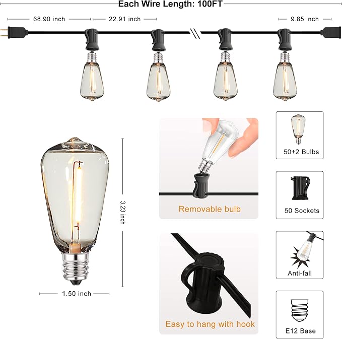 Outdoor String Lights 100FT Waterproof Lighting for Outside Patio Backyard | 52 Plastic Dimmable ST38 Edison Bulbs,100FT Connectable Outdoor Lights for Porch Bistro Garden Gazebo Balcony Cafe Deck Yard