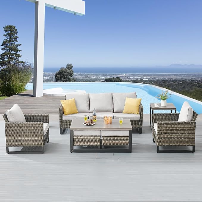 Belord 7 Piece Outdoor Furniture Patio Wicker Sofa Set Beige