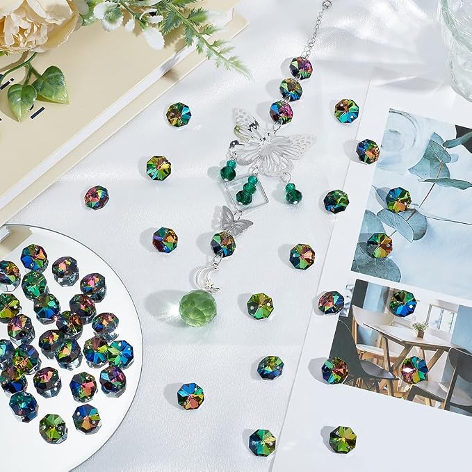 120Pcs Colorful 14mm Octagonal Crystal Beads 2 Holes Glass Octagon Prism Beads AB Color Crystal Chandelier Parts Replacement Suncatcher Faceted Spacers for DIY Lamp Hanging Pendant Jewelry