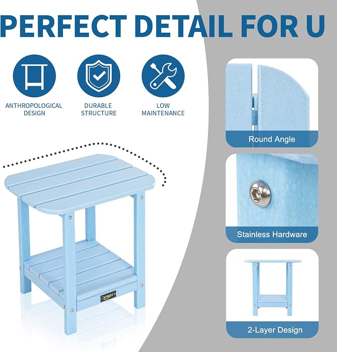 VINGLI Outdoor Side Table Set of 3 with Storage, Plastic Waterproof and UV Resistant HDPE Adirondack Side Tables, All Weather for Patio, Backyard, Pool, Indoor Use (Blue)