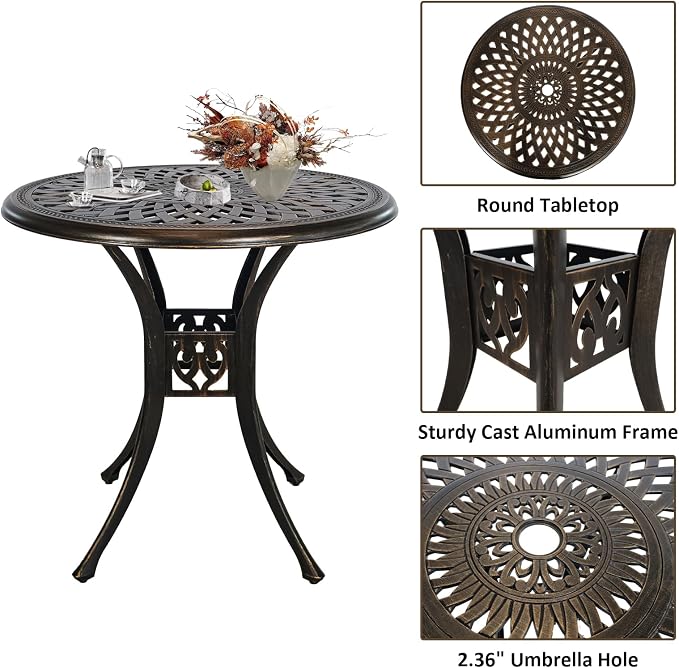 30.31" Cast Aluminum Outdoor Dining Table, Patio Bistro Table with 2.36" Umbrella Hole, Metal Conversation Furniture for Garden Porch