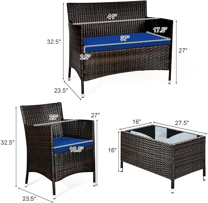 COSTWAY 4PCS Rattan Patio Furniture Set | Outdoor Wicker Rattan Chairs with Coffee Table, Rattan Cushioned Conversation Set for Backyard Balcony Porch Poolside, Navy