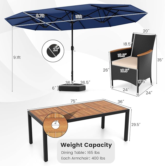 Tangkula 11 Piece Patio Wicker Dining Set w/Double-Sided Patio Umbrella, 8 Stackable Cushioned Chairs, 71" Acacia Wood Dining Table & 15 ft Umbrella with Weighted Base (Navy + Off White)
